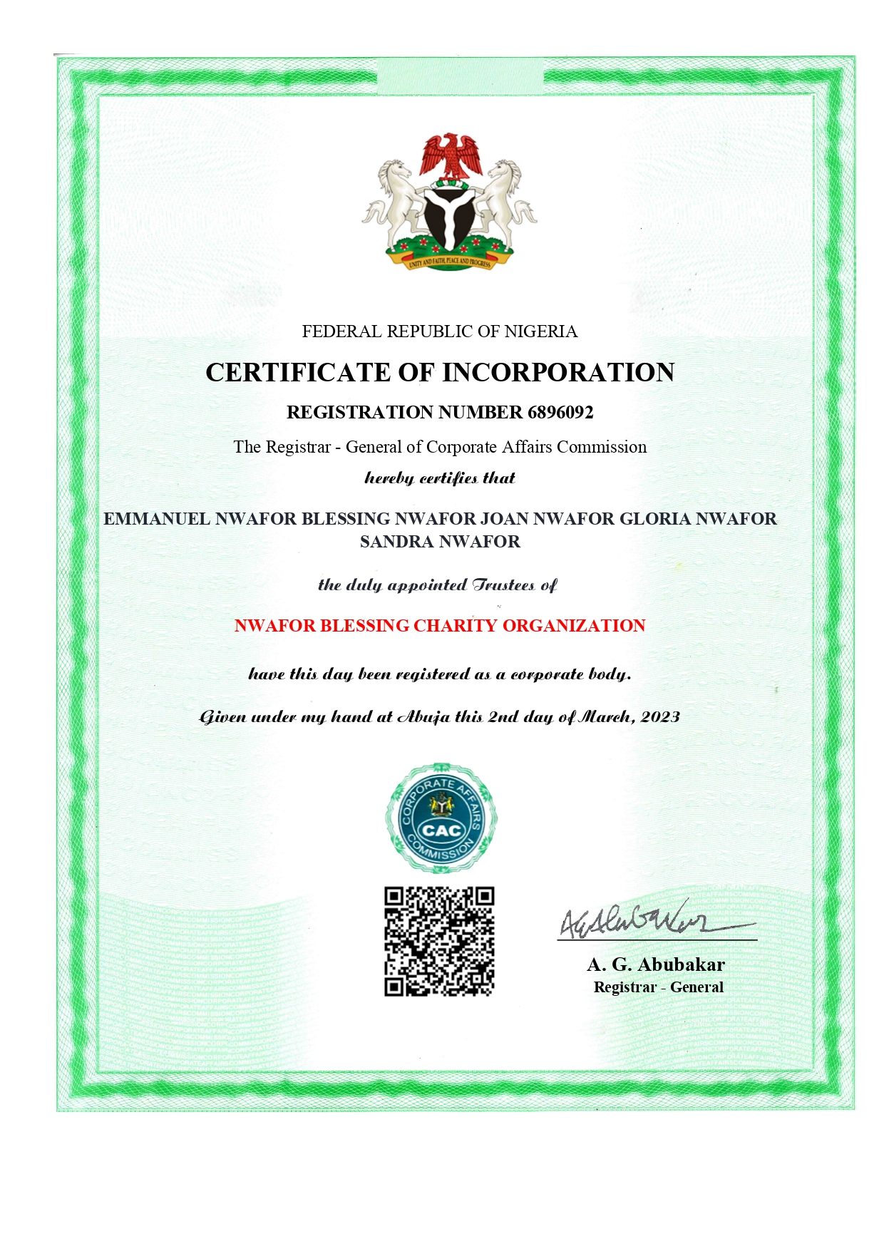 CAC Certificate - Corporate Affairs Commission